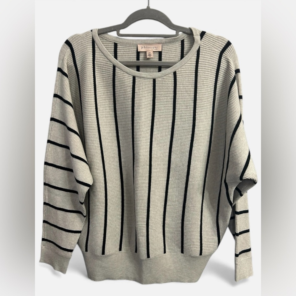 Philosophy Womens Large Cream/Black Striped Drop Shoulder Crew Soft Cozy Sweater